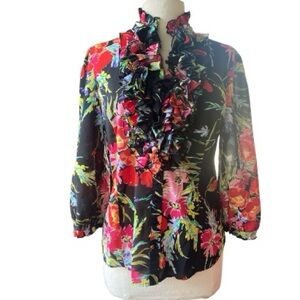 Spense floral ruffle front, 3/4 length sleeve blouse, size Large